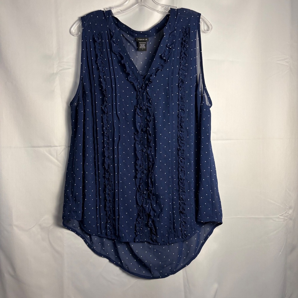 Torrid Navy Blue Polka Dot Ruffle Pintuck Sleeveless Chiffon Blouse Top Size 1